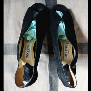 Jimmy Choo Black Shar Peep Toe Slingback
Pump Suede 39 Sandals